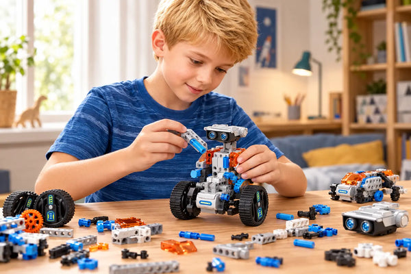 Enfant assemblant les pièces d'un kit robot à construire sur une table