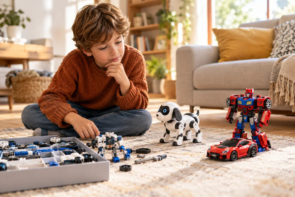 Enfant choisissant parmi plusieurs familles de robots jouets à la maison