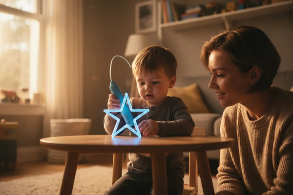 Enfant de 3 ans découvrant le stylo 3D avec un parent bienveillant à ses côtés, lumière douce