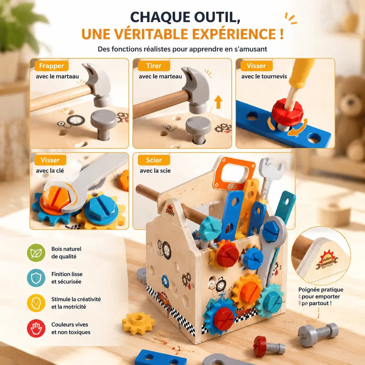 Boîte à outils en bois Montessori avec marteau, tournevis et engrenages ToolBox - Petit Curio