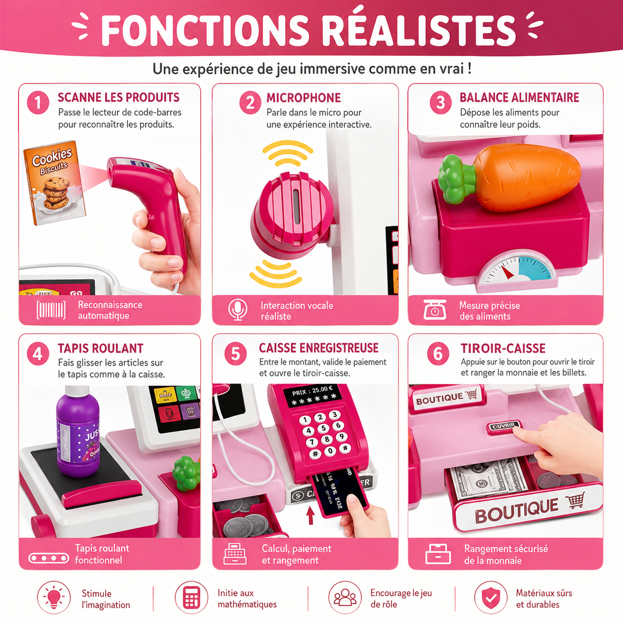 Caisse enregistreuse enfant avec calculatrice, scanner et accessoires ShopPlay - Petit Curio