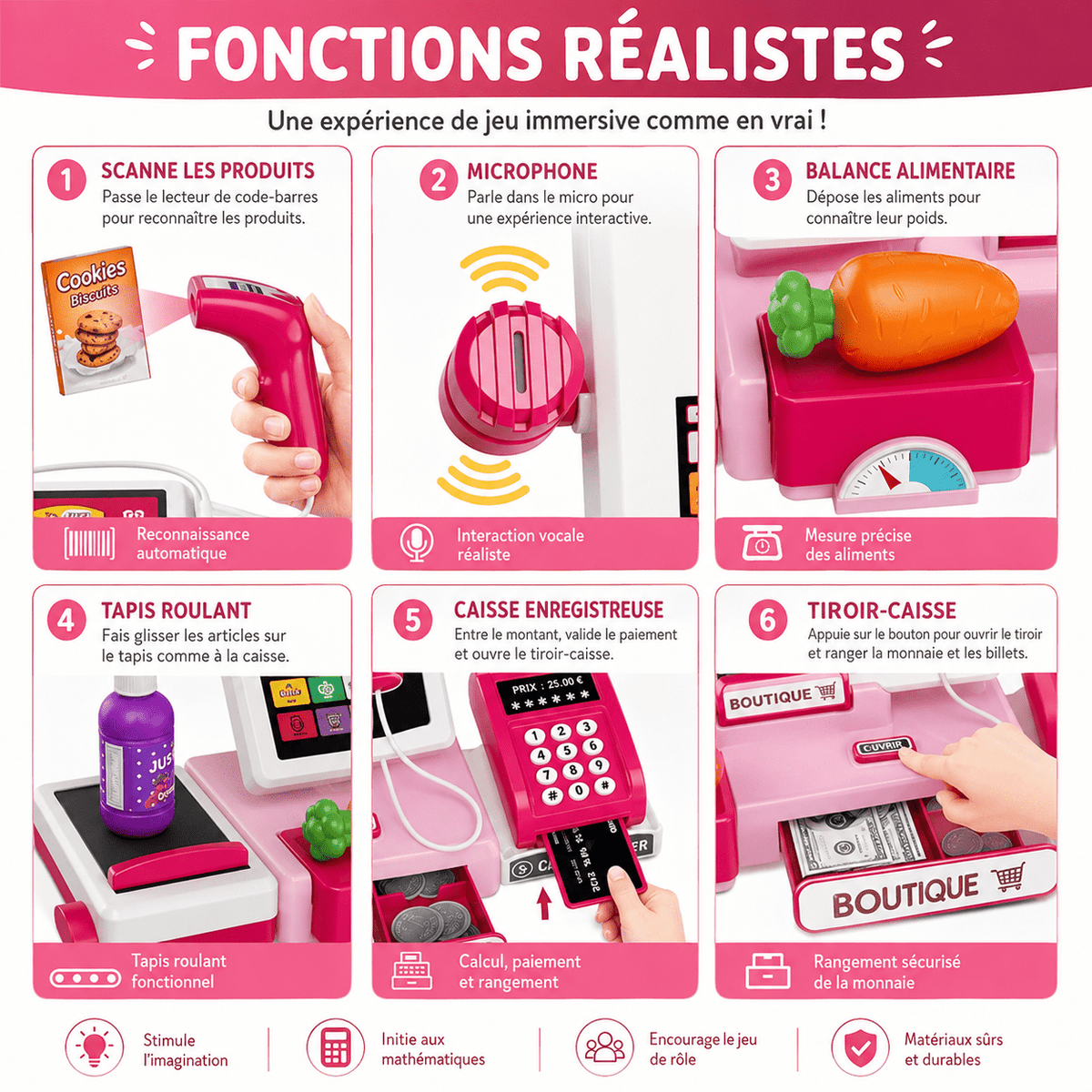 Caisse enregistreuse enfant avec calculatrice, scanner et accessoires ShopPlay - Petit Curio