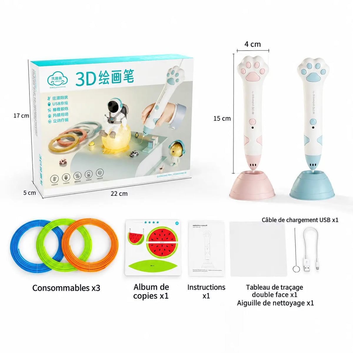 stylo 3D enfant design chat — patte de chat PCL 40 degres, batterie 45min, des 6 ans