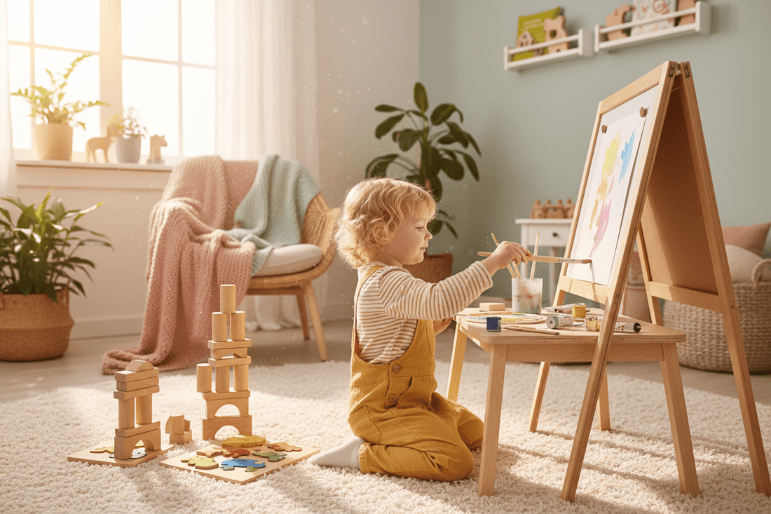 un enfant de 2-5 ans joyeusement absorbé dans une activité créative sans écran — peinture, puzzles ou jeux de construction en bois