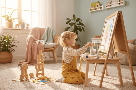 un enfant de 2-5 ans joyeusement absorbé dans une activité créative sans écran — peinture, puzzles ou jeux de construction en bois