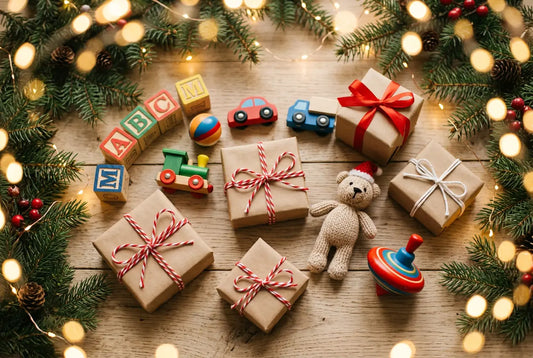 Paquets cadeaux de Noël en papier kraft entourés de jouets en bois pour enfants