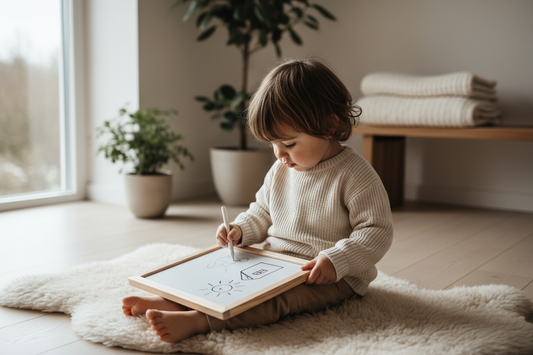 Enfant dessinant à la craie sur une ardoise magique en bois