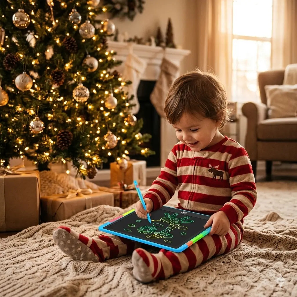 Enfant dessinant sur une ardoise magique le matin de Noël