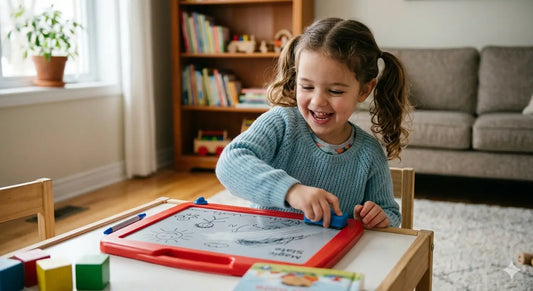 Enfant effaçant joyeusement son dessin sur une ardoise magique