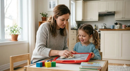 Parent nettoyant délicatement une ardoise magique avec un chiffon doux