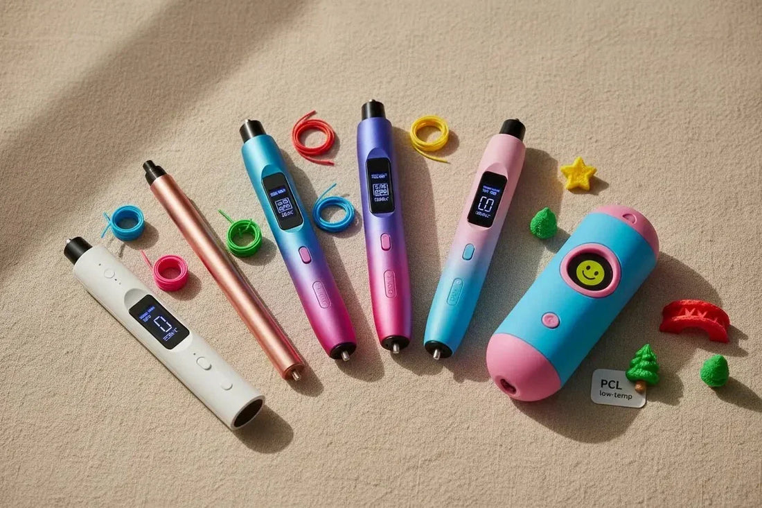 es 7 stylos 3D de la gamme disposés en arc éditorial sur un fond beige/lin chaud, avec des bobines de filament colorées
