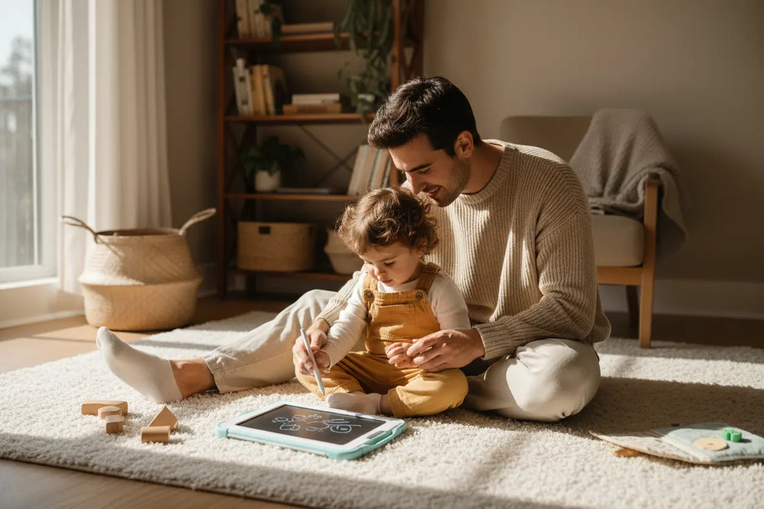  Parent et enfant partageant un moment de dessin sur une ardoise magique