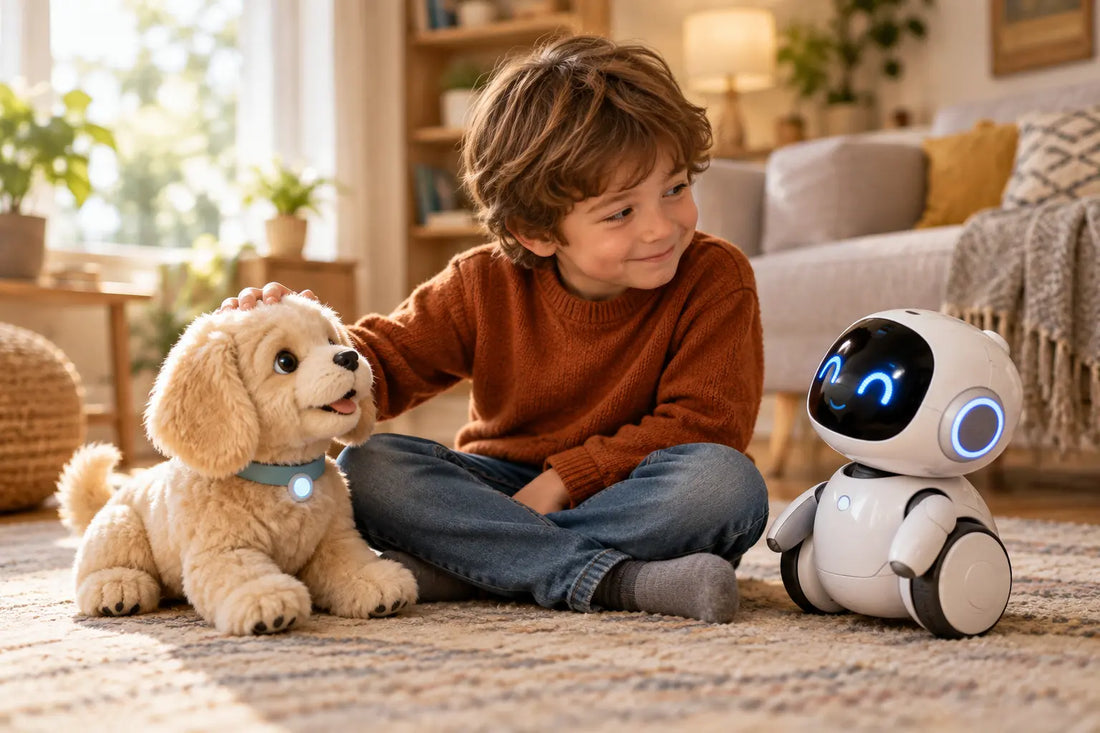 Enfant hésitant entre un chien robot à câliner et un robot interactif qui dialogue