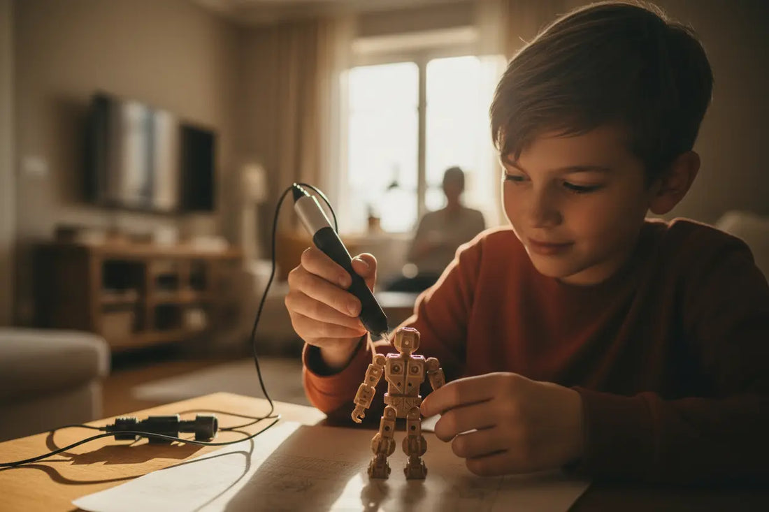 Enfant de 8 ans concentre creant une structure geometrique detaillee avec un stylo 3D