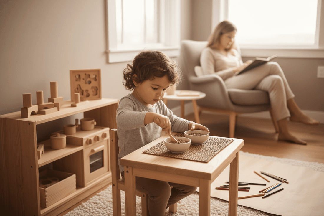 Comment occuper un enfant de 3 ans sans écran: un enfant de 3 ans concentré sur une activité de transvasement à une petite table en bois