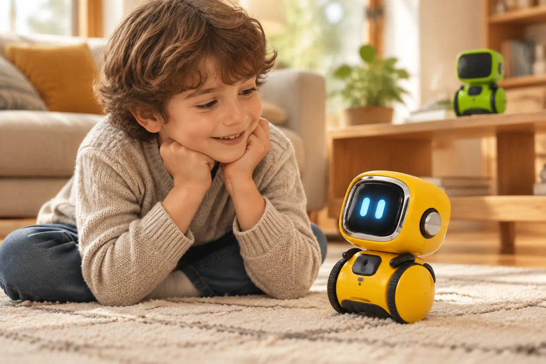 Enfant curieux face à un petit robot interactif dans un salon