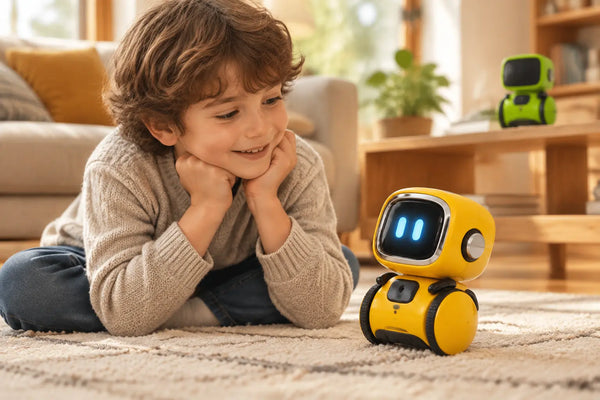 Enfant curieux face à un petit robot interactif dans un salon