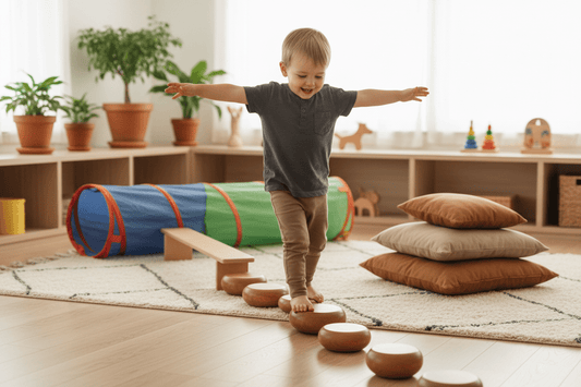 un enfant de 3-4 ans marchant avec concentration sur des pierres d'équilibre en bois, bras écartés