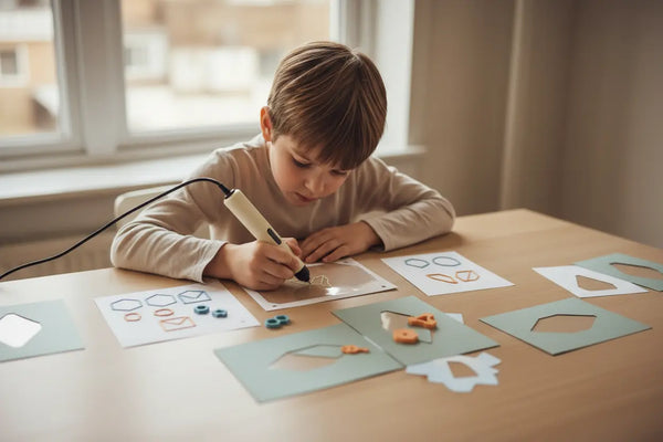Enfant traçant une forme avec un stylo 3D sur un gabarit papier recouvert d’un film transparent, entouré de gabarits colorés.