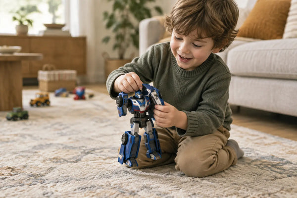 Enfant transformant une voiture-jouet en robot dans un salon