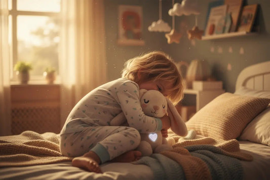 une peluche douce (lapin ou panda) sur un lit d'enfant