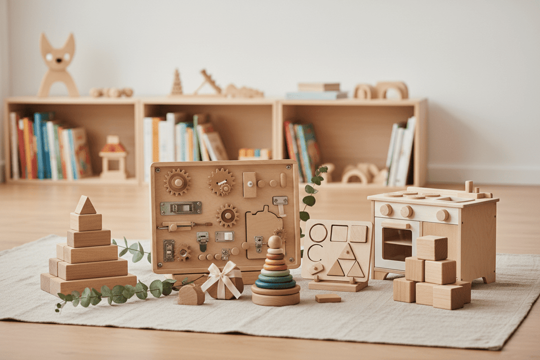 jouets Montessori en bois (busy board, pierres d'équilibre, puzzle, blocs, cuisine d'imitation) sur une surface bois clair avec un tapis neutre, un ruban cadeau