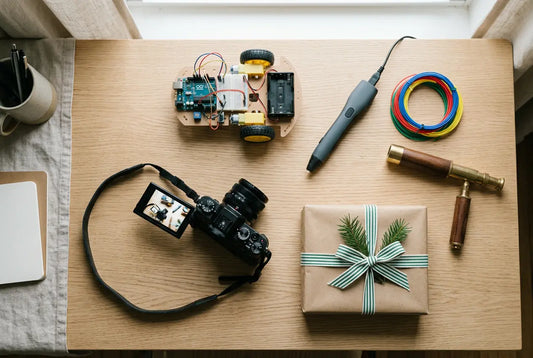 Sélection de cadeaux éducatifs pour un enfant de 10 ans et plus posés sur un bureau