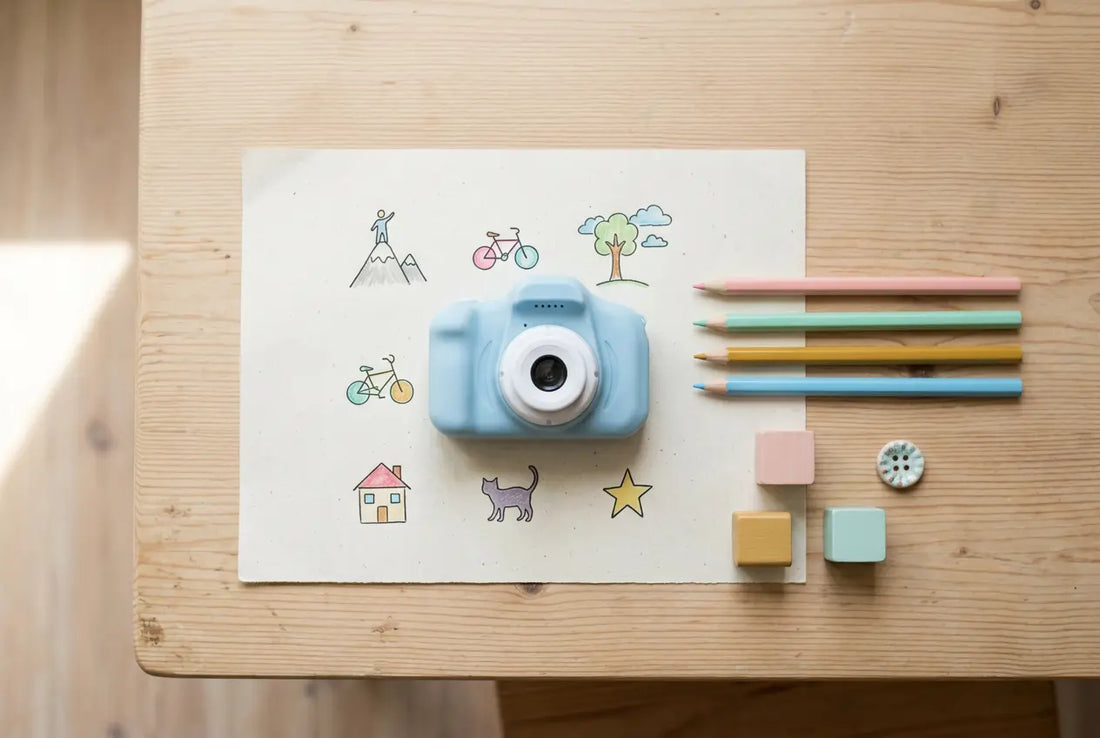 Appareil photo enfant avec feuille de défis photo, crayons de couleur et petits objets colorés