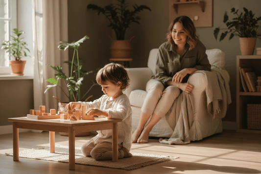 un enfant explorant librement une activité Montessori en bois pendant qu'un parent l'observe avec fierté et bienveillance 