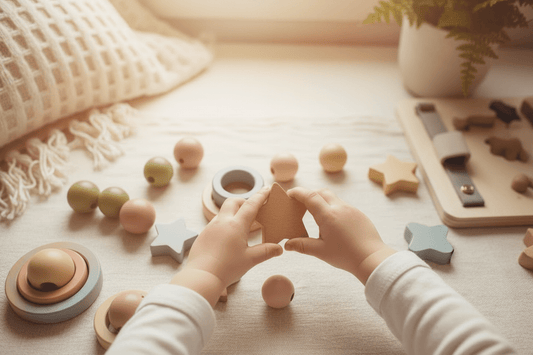 les petites mains d'un tout-petit manipulant des objets en bois (puzzles, perles, anneaux), dans une ambiance chaleureuse et lumineuse 