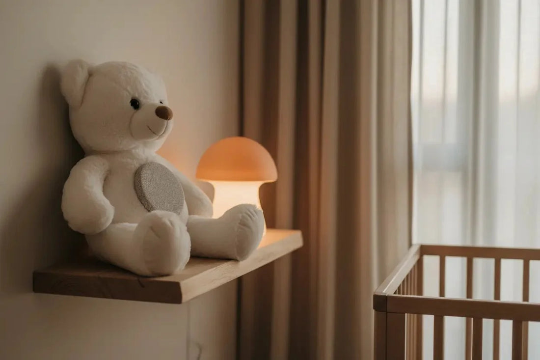 Peluche bruit blanc posée sur une étagère en bois dans une chambre bébé apaisante