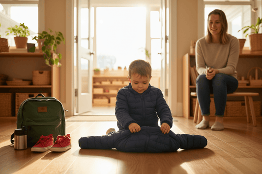 Un enfant de 3 ans, concentré et fier, en train d'enfiler son manteau seul avec la technique du "flip" Montessori