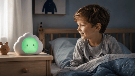 Enfant souriant regardant un Réveil enfant éducatif à lumière verte dans une chambre baignée d'une douce lumière matinale