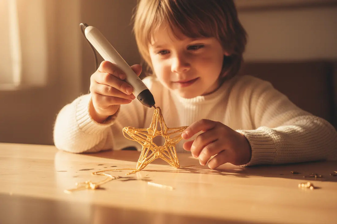 Enfant de 6 ans créant une forme complexe au stylo 3D, concentration et fierté