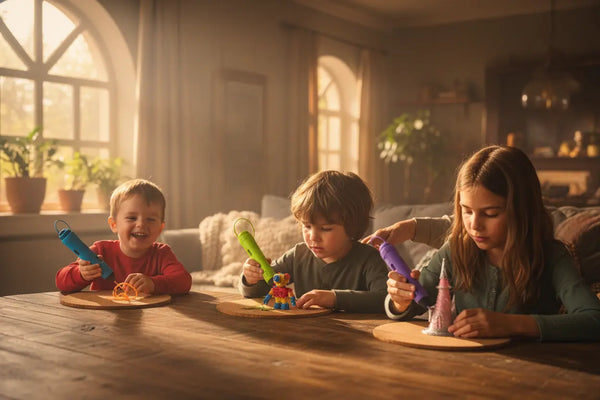 Enfants de 3, 5 et 7 ans créant chacun avec un stylo 3D autour d'une table, modèle adapté à chaque âge