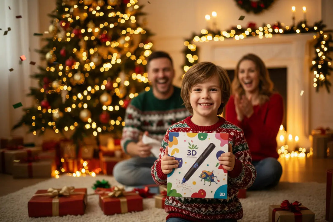 Enfant tenant fièrement une boîte de stylo 3D pour enfant devant un sapin de Noël illuminé, dans une ambiance chaleureuse et festive.