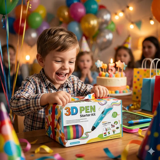 Enfant ouvrant un cadeau stylo 3D