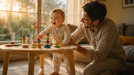 Bébé découvrant sa table d'activité pour la première fois, moment de complicité