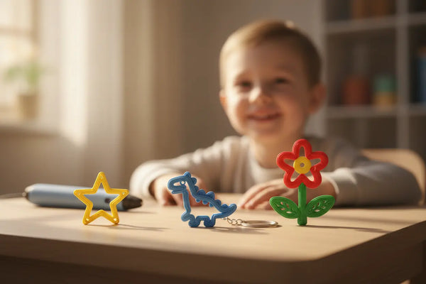 Table d'enfant avec créations colorées réalisées au stylo 3D, étoile, porte-clés et fleur, enfant souriant en arrière-plan