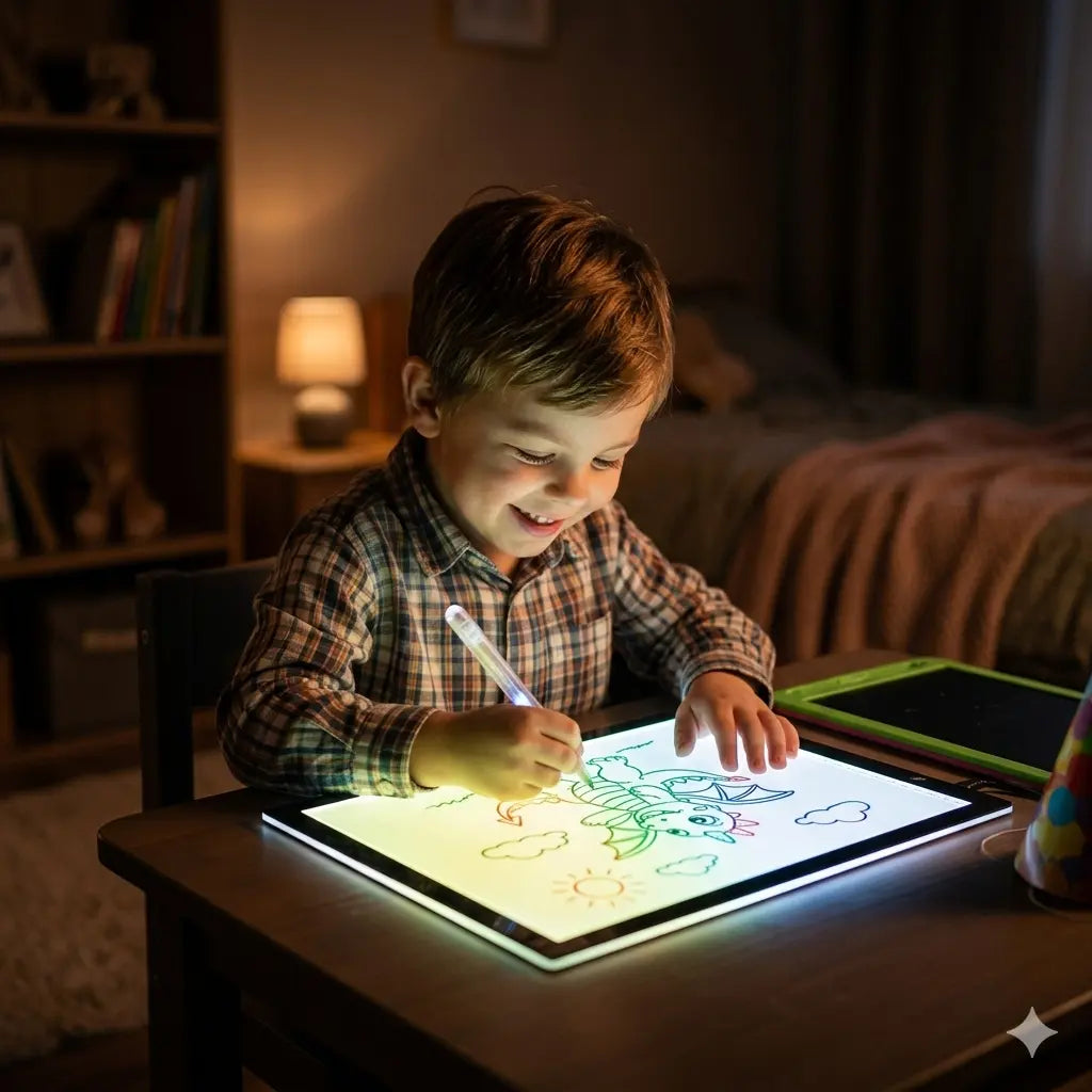 Enfant dessinant sur une tablette à dessin lumineuse en fin de journée