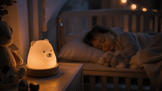 Veilleuse bébé diffusant une lumière chaude  dans une chambre d'enfant plongée dans une pénombre apaisante