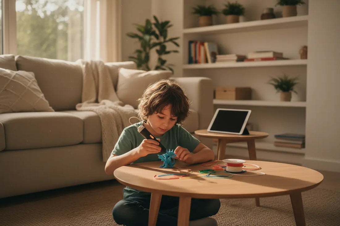 Enfant concentré sur une création avec un stylo 3D dans un salon chaleureux, tablette éteinte en arrière-plan
