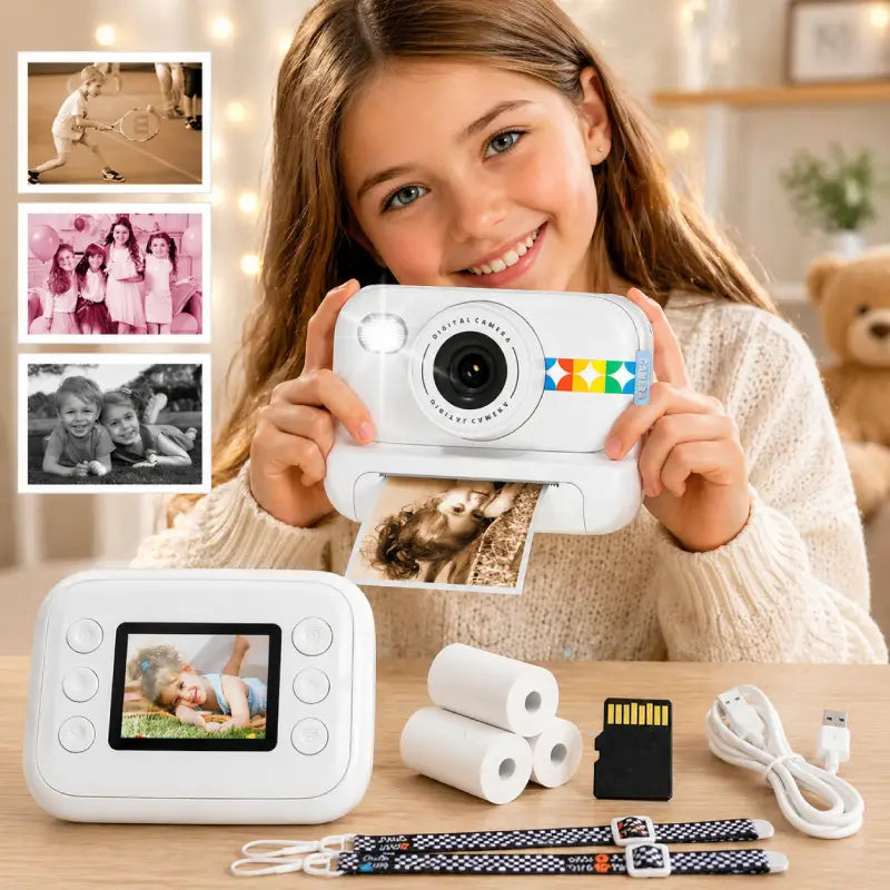 Enfant utilisant un appareil photo instantané enfant pour imprimer une photo