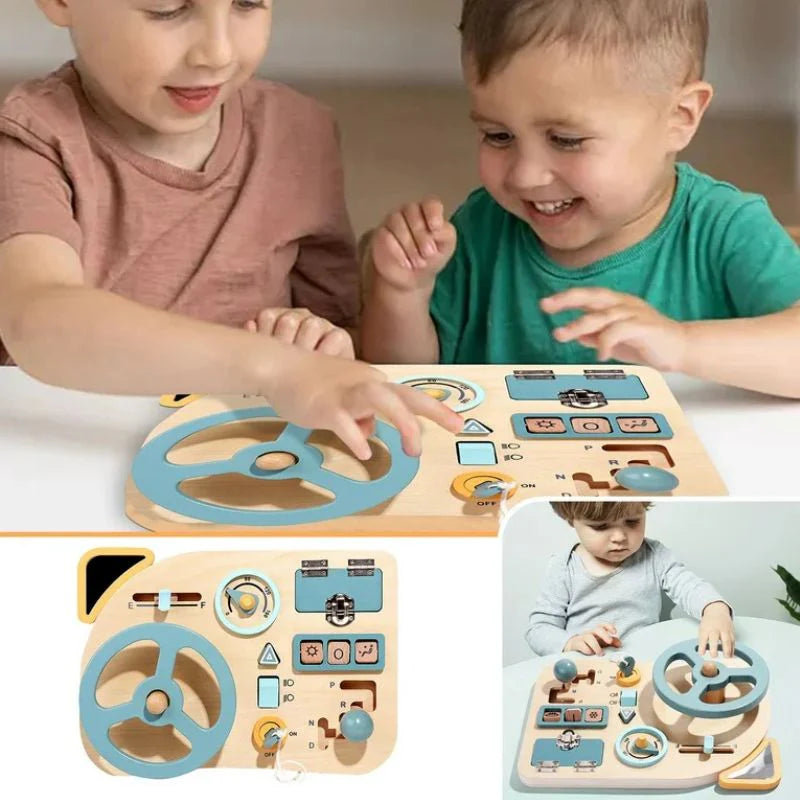 Planche d'activité montessori voiture avec klaxon et levier de vitesse