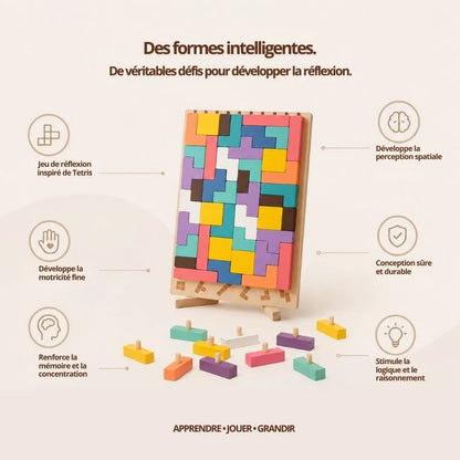Présentation du puzzle géométrique TetrisMosa illustrant les thèmes de la réflexion, de la motricité fine et du repérage spatial.