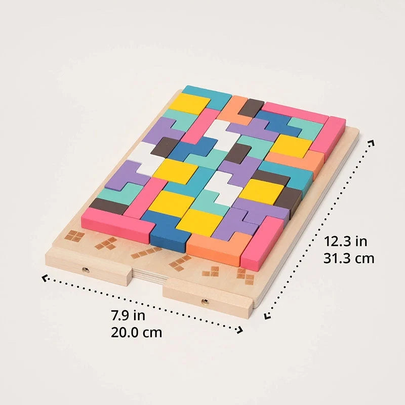 Plateau TetrisMosa rempli de pièces géométriques, avec dimensions indiquées de 31,3 × 20 cm.