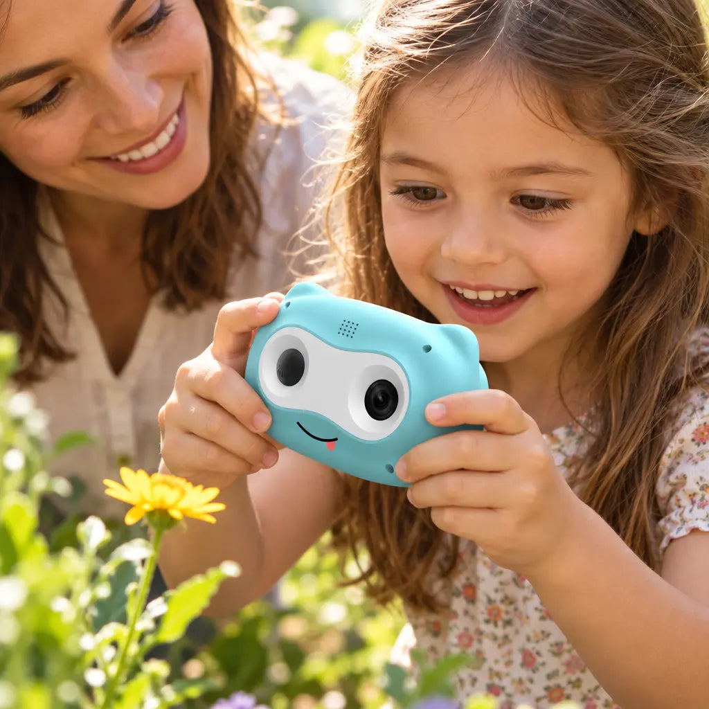 Une enfant tient l’appareil photo DualKid™ bleu pour cadrer une fleur, pendant qu’un parent partage sa découverte au jardin.
