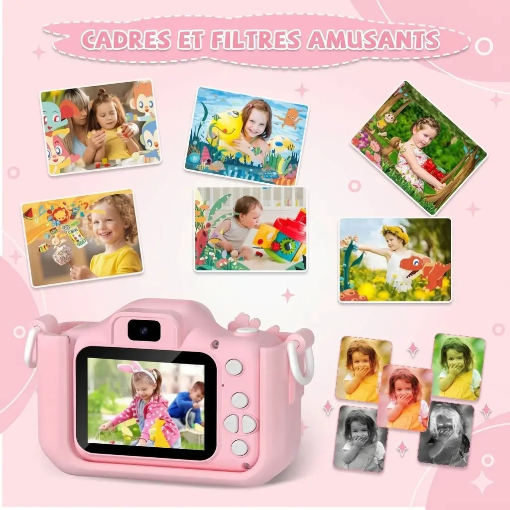 Appareil photo enfant UniCam™ rose vu de dos, accompagné d’exemples de cadres illustrés et de filtres colorés pour personnaliser les photos.