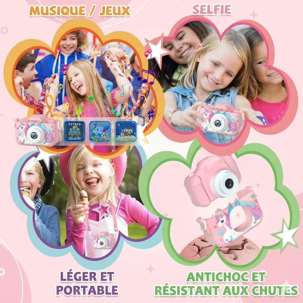 Montage de l’appareil photo enfant licorne UniCam™ rose présentant le selfie, la musique, les jeux, le cordon et la coque de protection.