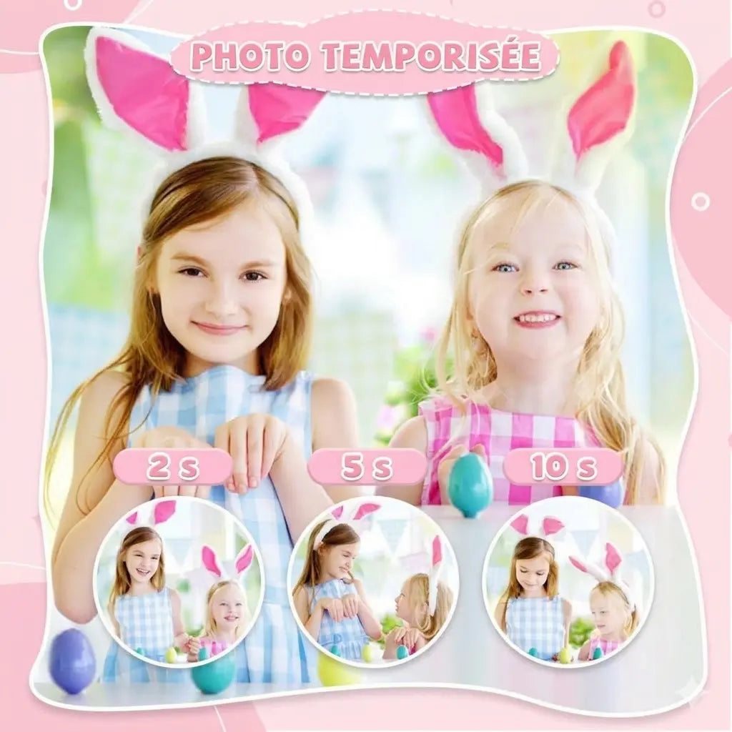 Illustration du retardateur de l’appareil photo enfant UniCam™ avec des délais de 2, 5 et 10 secondes pour une photo à deux.
